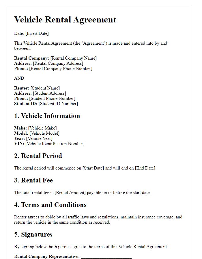 Letter template of vehicle rental agreement for student use.