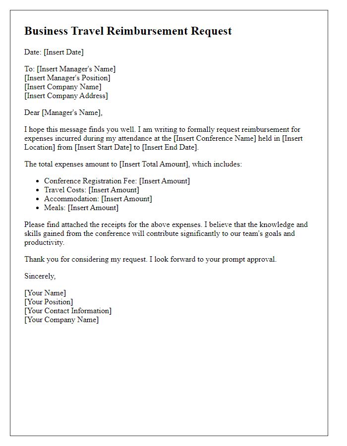 Letter template of business travel reimbursement for conference attendance