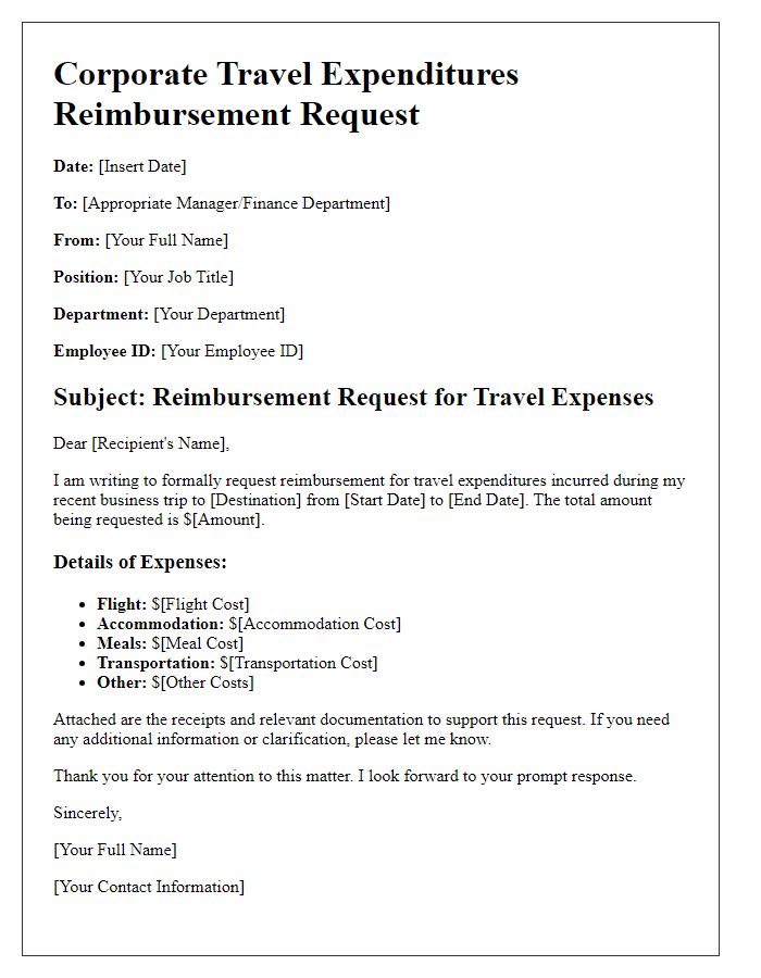 Letter template of corporate travel expenditures reimbursement request