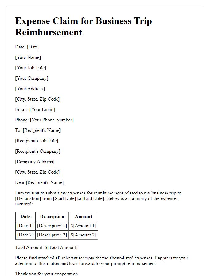 Letter template of expenses claim for business trip reimbursement