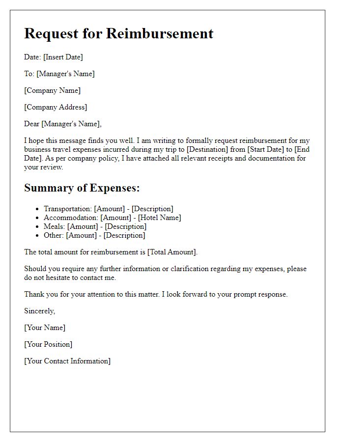 Letter template of reimbursement request for business travel expenses