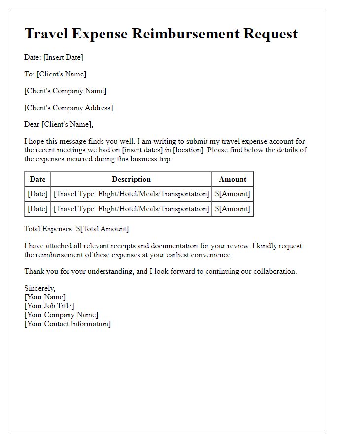 Letter template of travel expense account for client meetings reimbursement