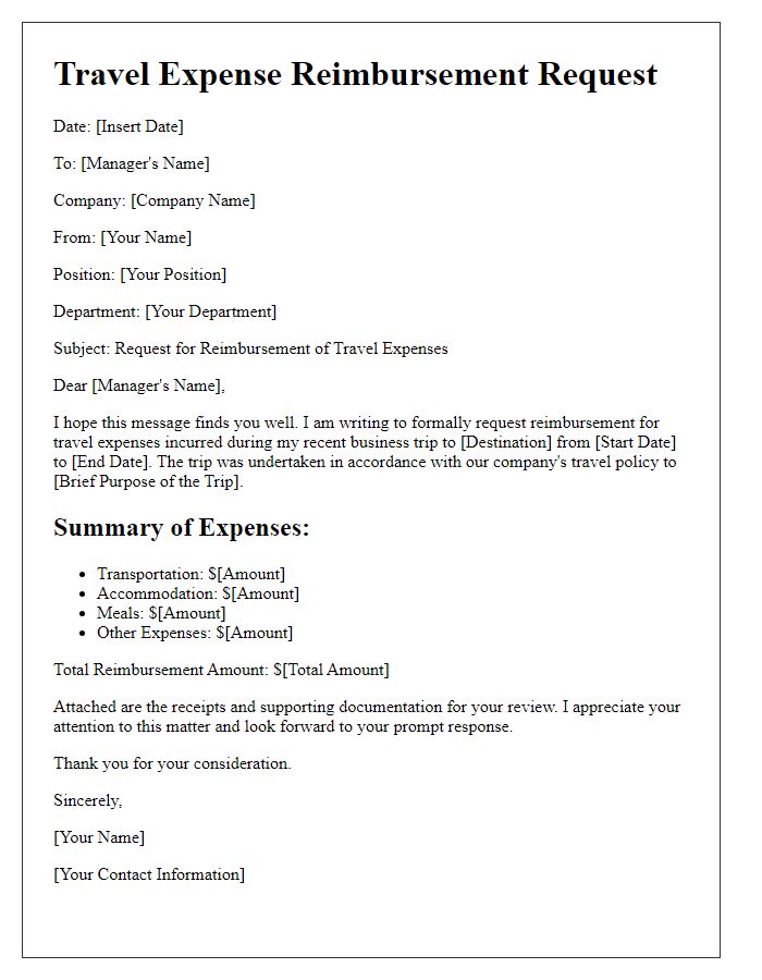 Letter template of travel expense reimbursement request for business purposes