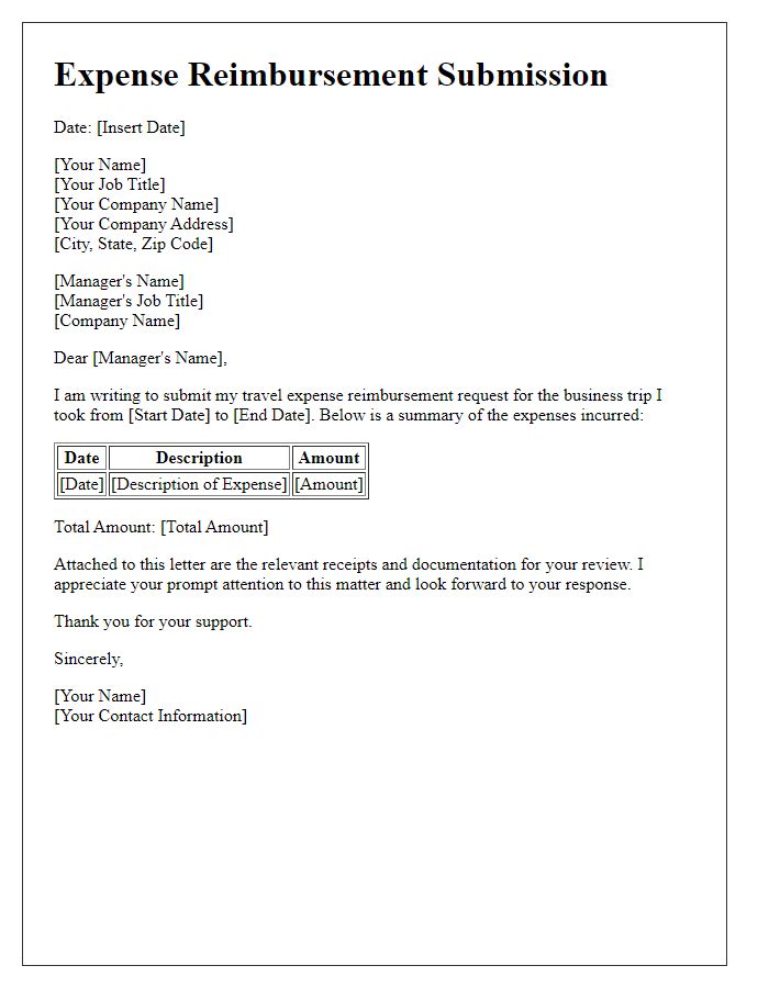 Letter template of business travel expense reimbursement submission