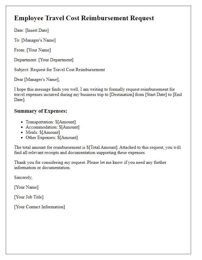 Letter template of employee travel cost reimbursement request