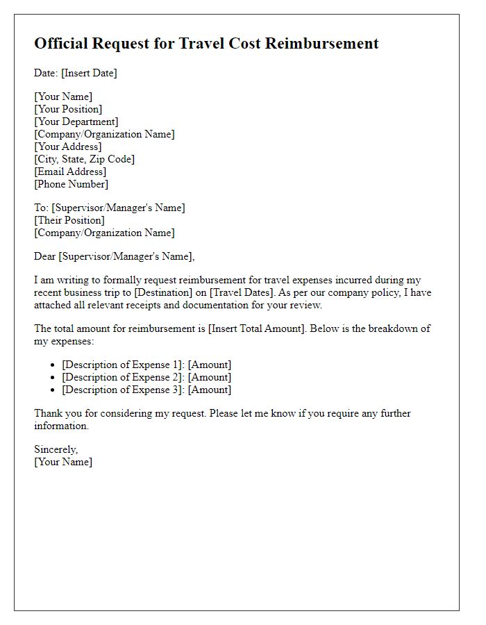 Letter template of official request for travel cost reimbursement