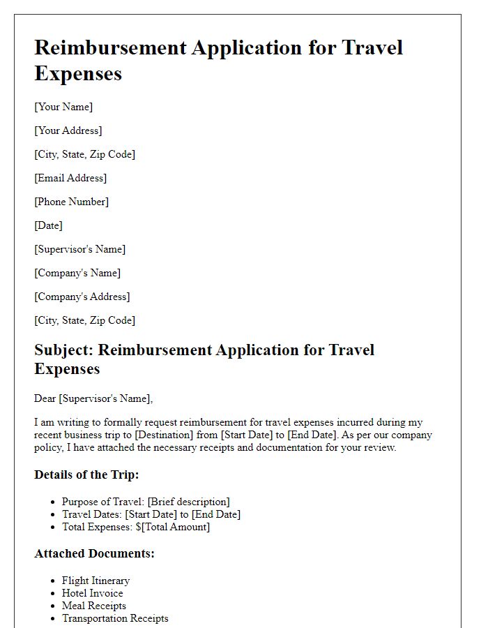 Letter template of reimbursement application for employee travel expenses