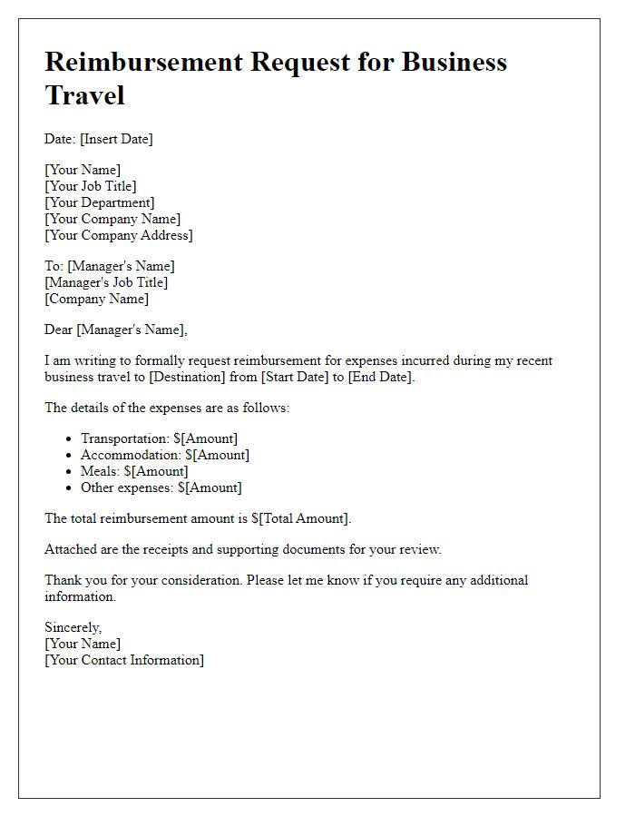 Letter template of reimbursement for business travel incurred by staff