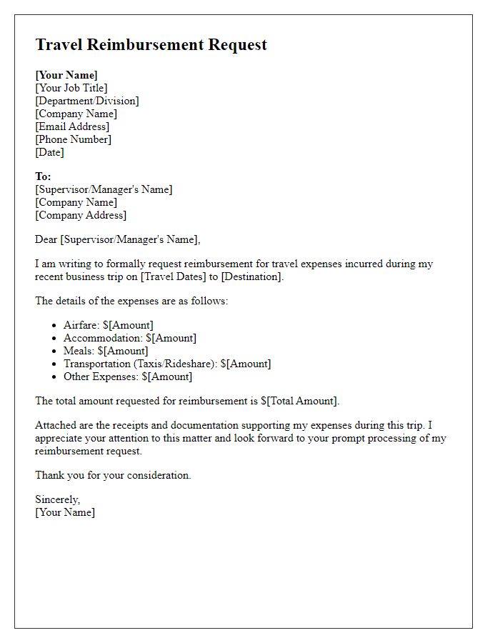 Letter template of travel reimbursement request for employees