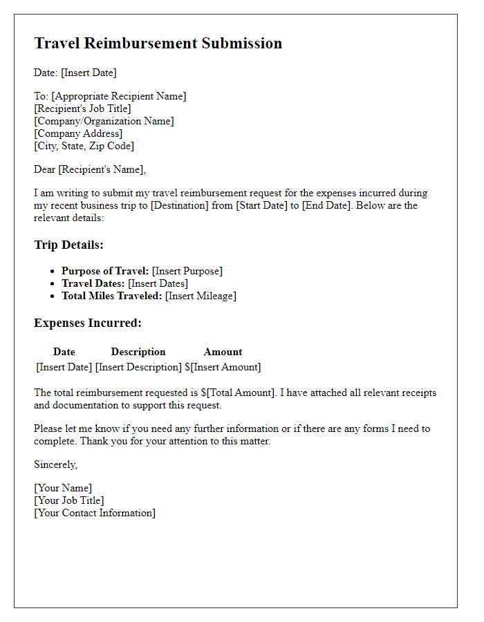 Letter template of travel reimbursement submission for staff members