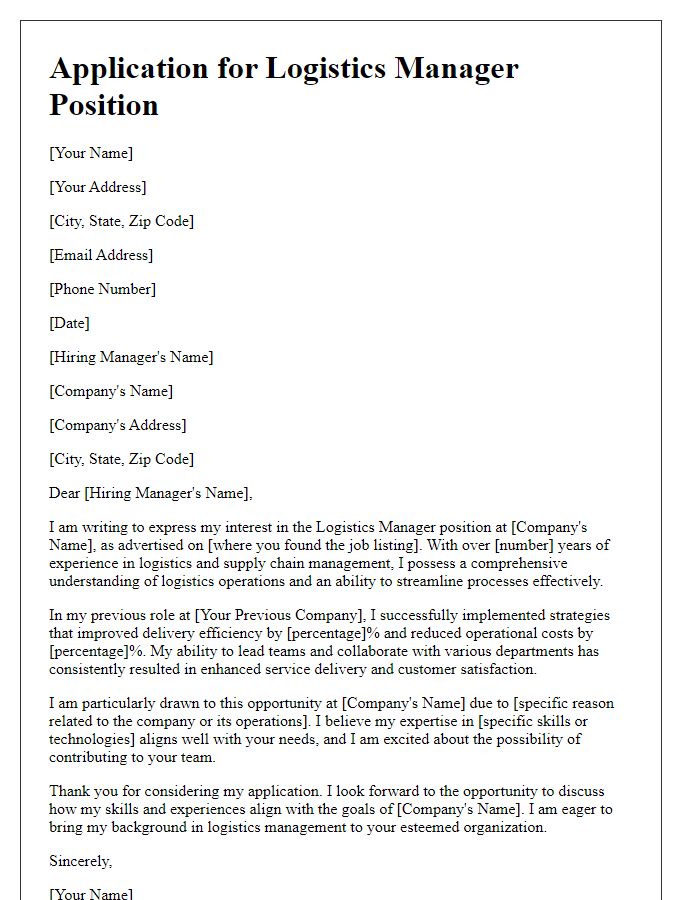 Letter template of application for a logistics manager position.