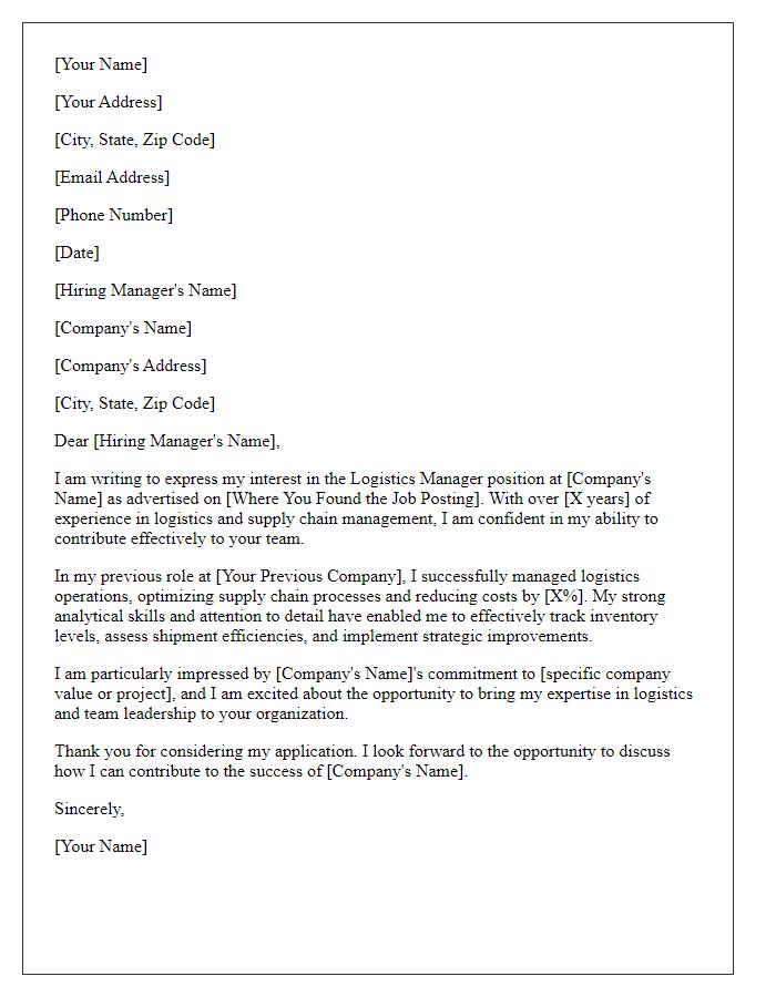 Letter template of candidacy for the logistics manager position.