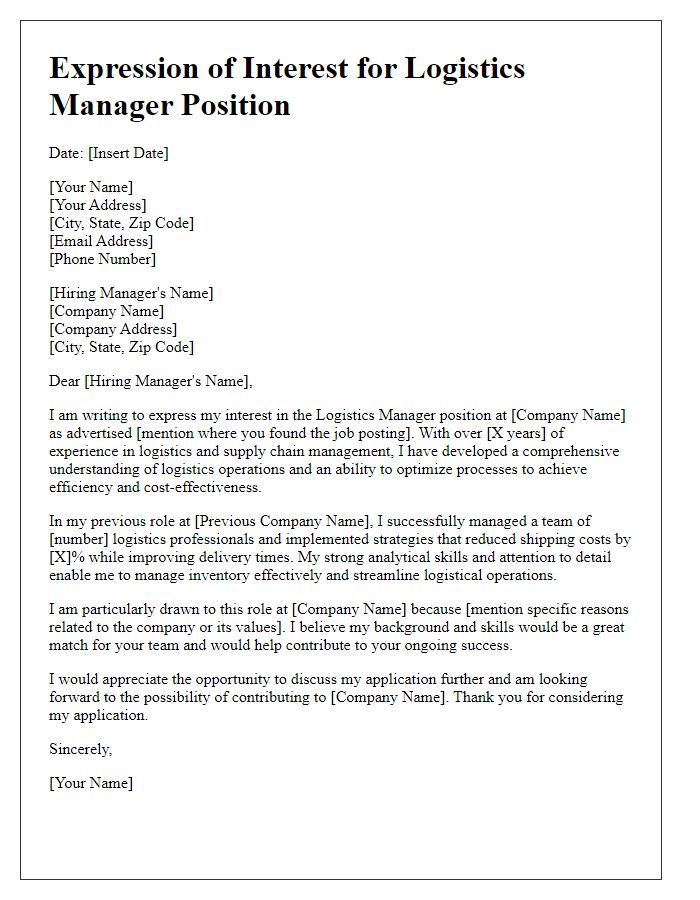 Letter template of expression of interest for logistics manager role.