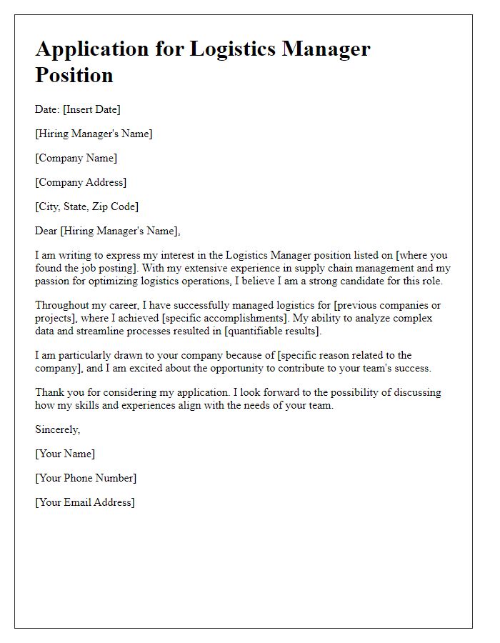 Letter template of interest in the logistics manager role.