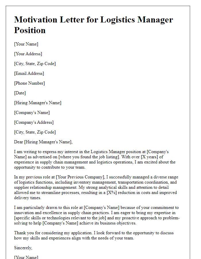 Letter template of motivation for the logistics manager job.