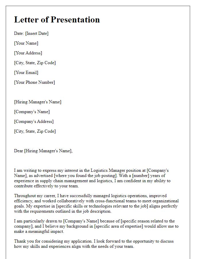 Letter template of presentation for the logistics manager opening.