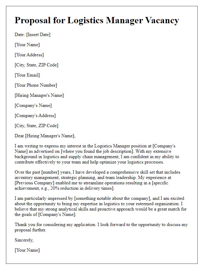 Letter template of proposal for the logistics manager vacancy.