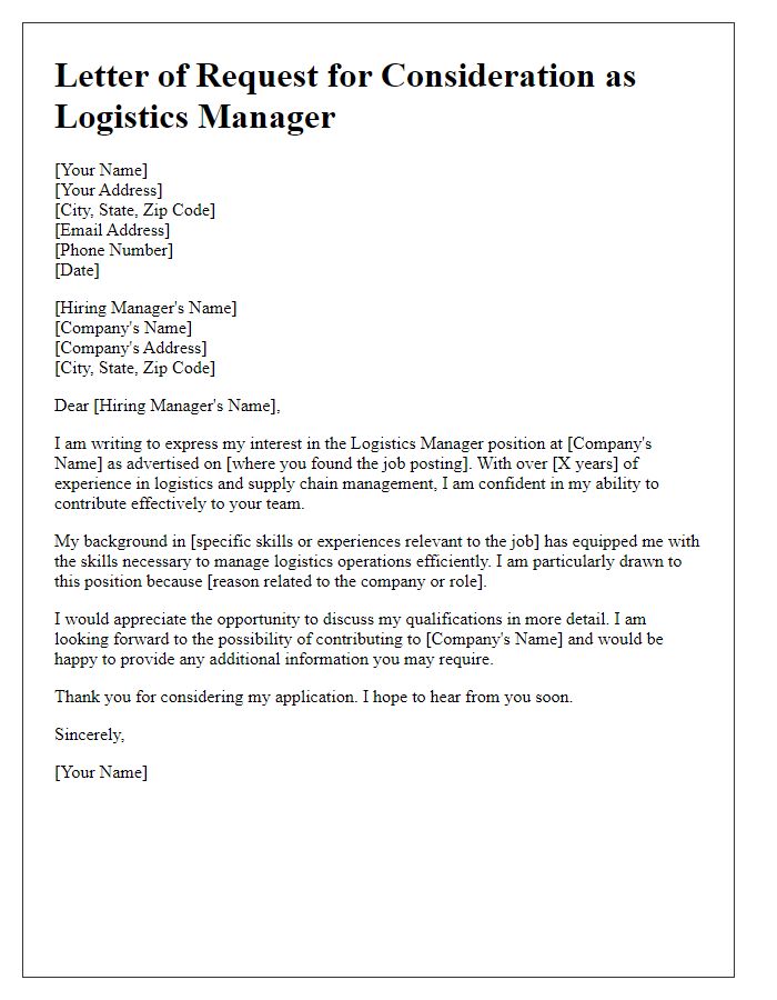 Letter template of request for consideration as logistics manager.