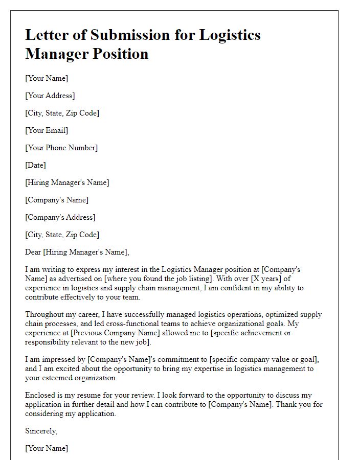 Letter template of submission for logistics manager employment.