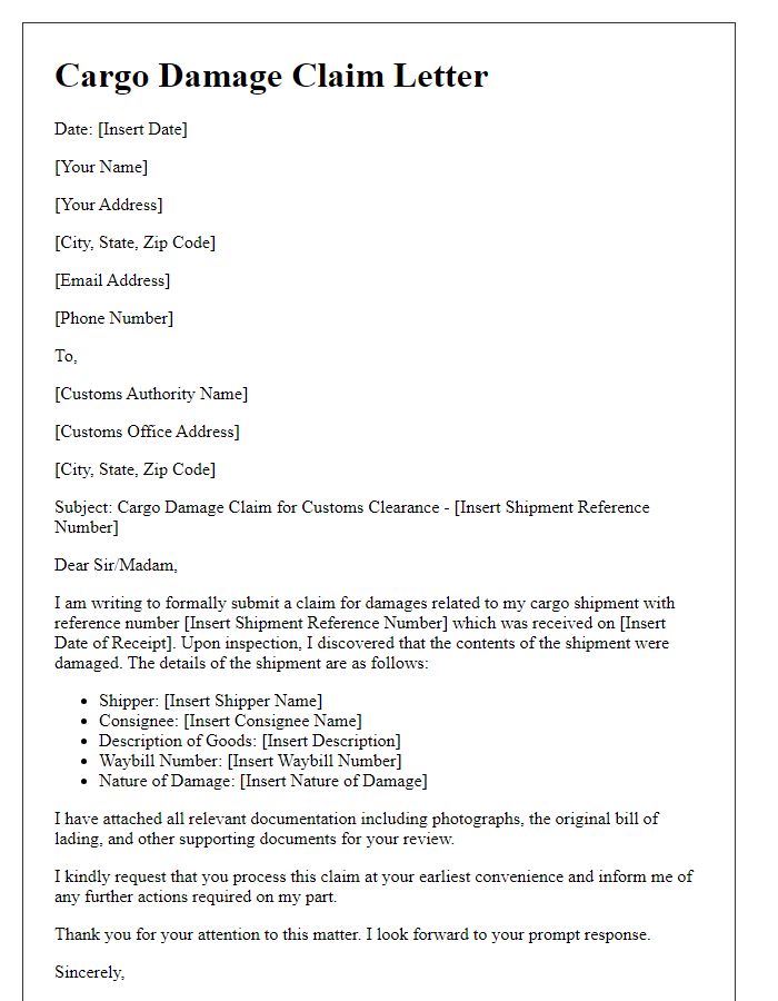 Letter template of cargo damage claim for customs clearance