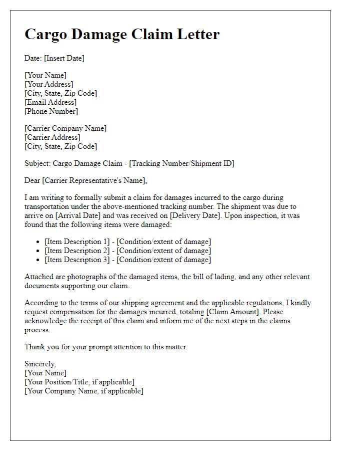 Letter template of cargo damage claim for freight carrier