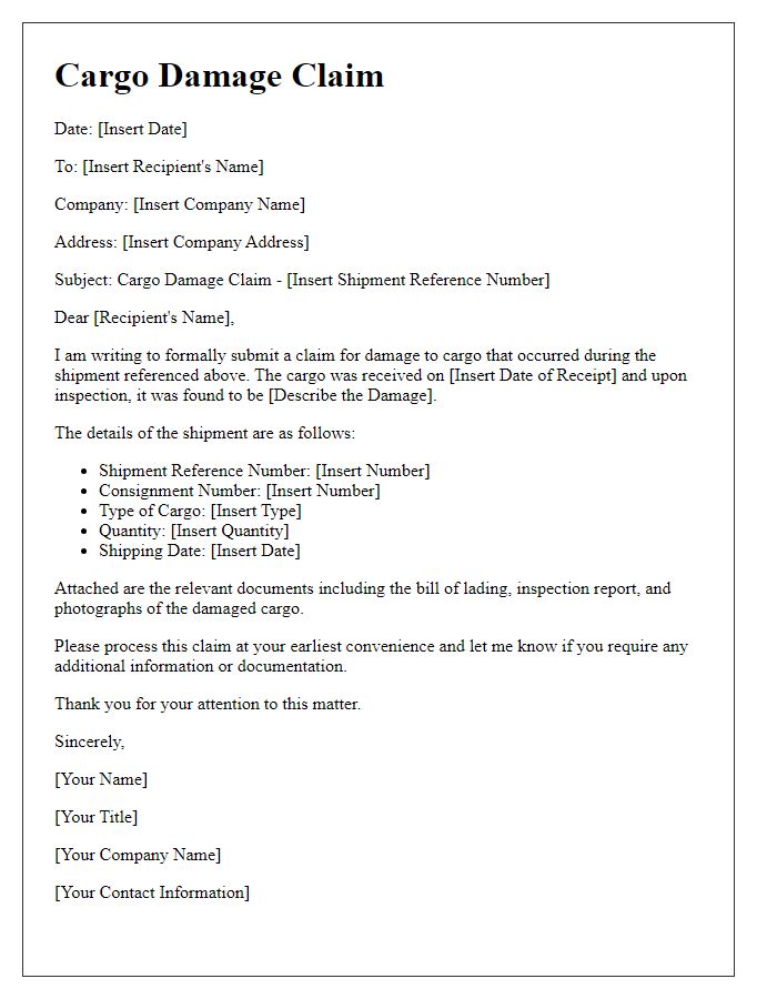 Letter template of cargo damage claim for internal records