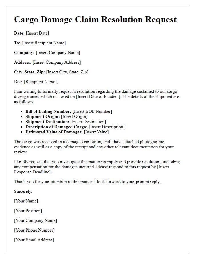Letter template of cargo damage claim for resolution request