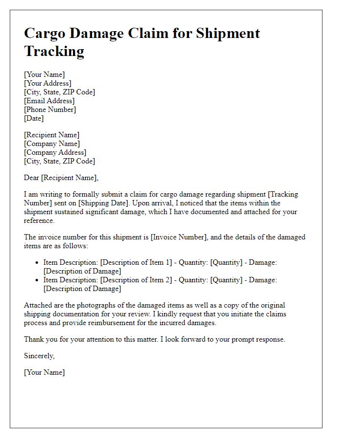 Letter template of cargo damage claim for shipment tracking