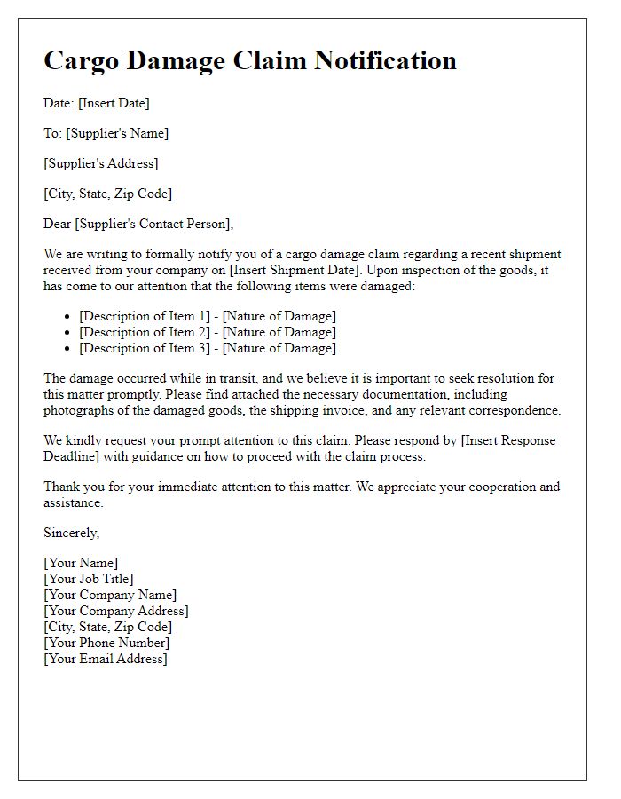 Letter template of cargo damage claim for supplier notification