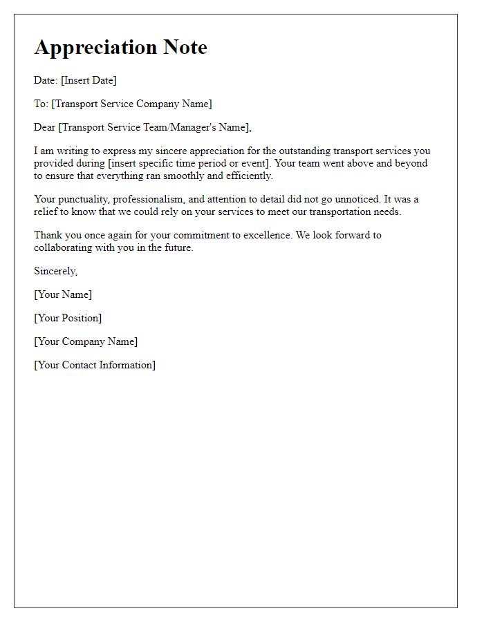 Letter template of transport service appreciation note.