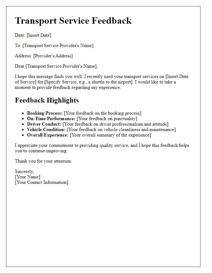 Letter template of transport service customer feedback.