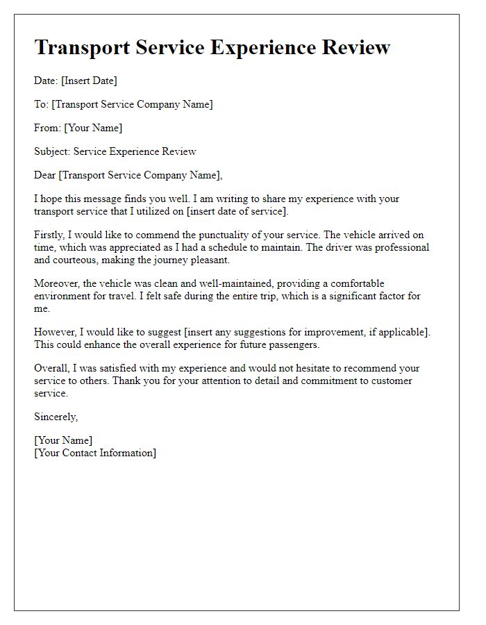 Letter template of transport service experience review.