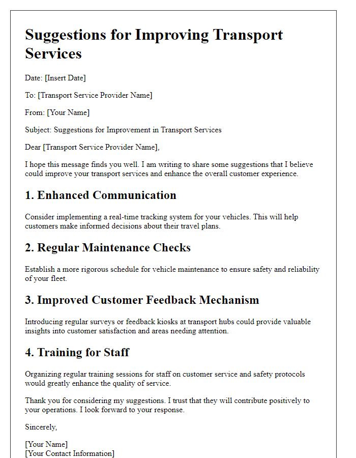 Letter template of transport service improvement suggestions.