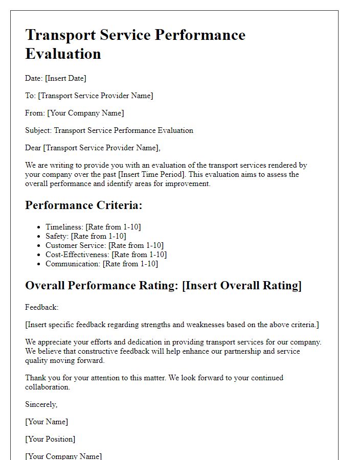 Letter template of transport service performance evaluation.