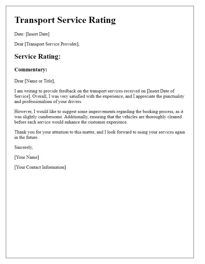 Letter template of transport service rating and commentary.