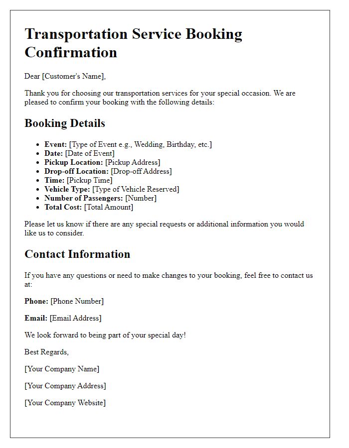 Letter template of transportation service booking for special occasions.