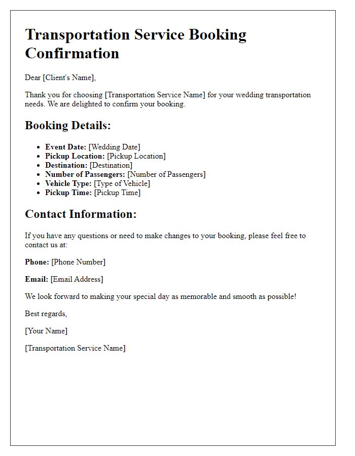 Letter template of transportation service booking for wedding transportation.