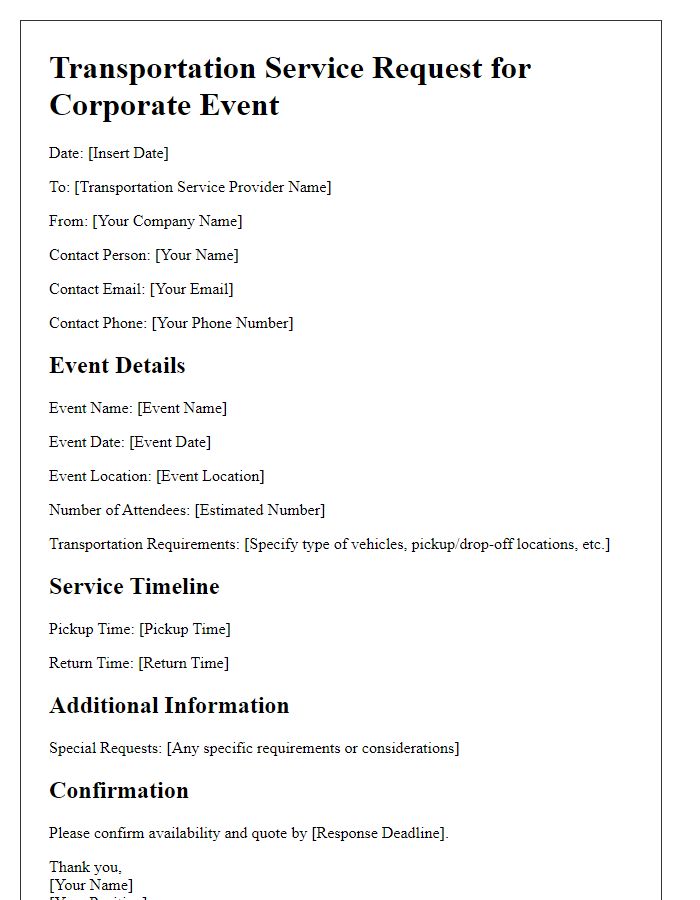 Letter template of transportation service request for corporate event.