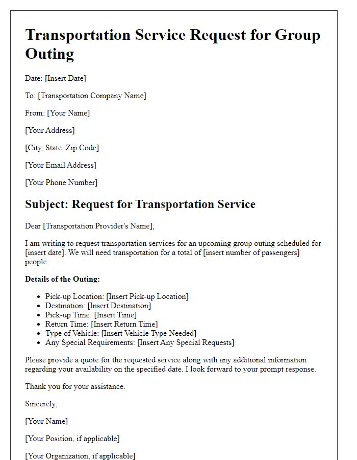 Letter template of transportation service request for group outings.