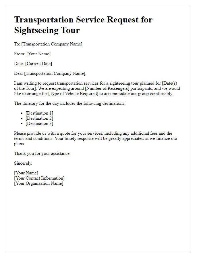 Letter template of transportation service request for sightseeing tours.