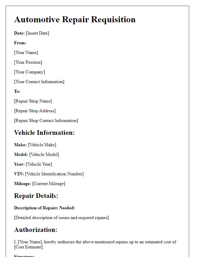 Letter template of automotive repair requisition