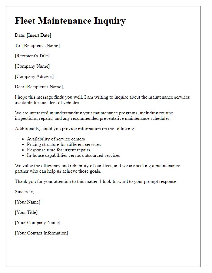 Letter template of fleet maintenance inquiry