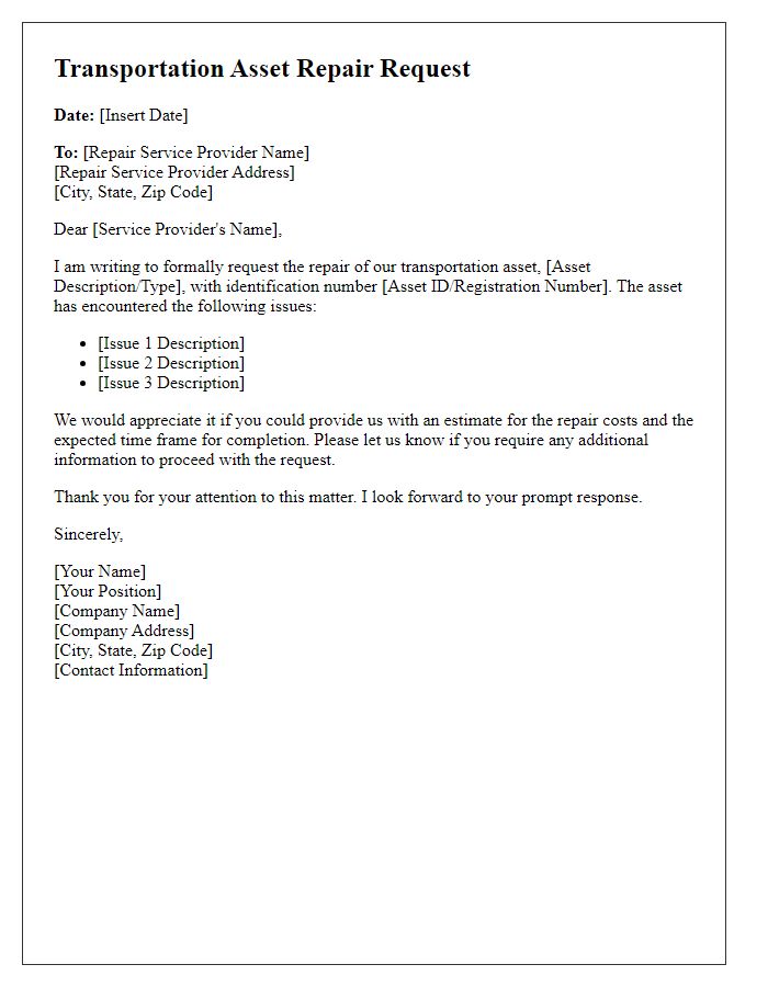 Letter template of transportation asset repair