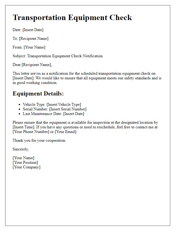 Letter template of transportation equipment check