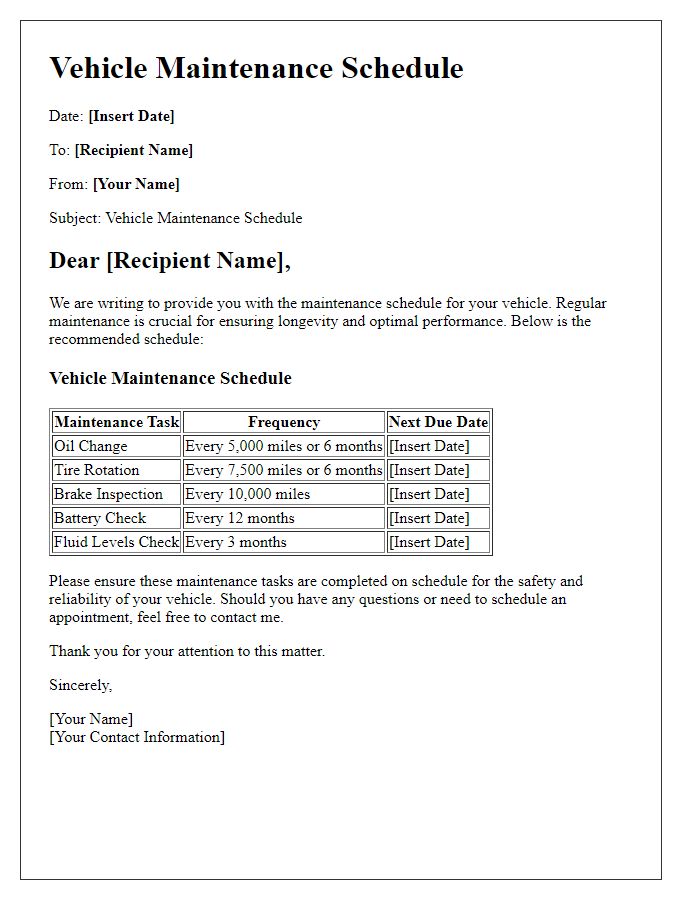 Letter template of vehicle maintenance schedule