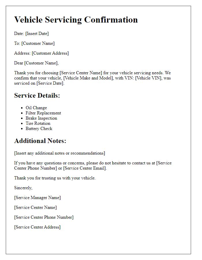 Letter template of vehicle servicing documentation