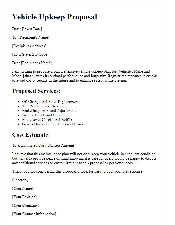 Letter template of vehicle upkeep proposal