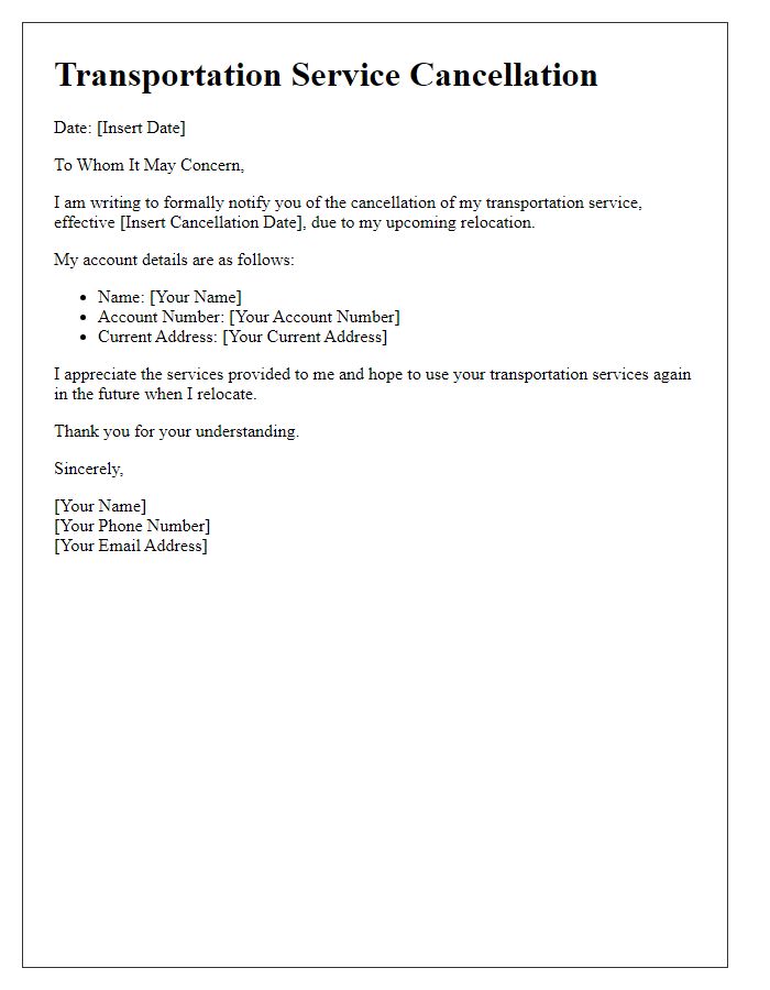 Letter template of transportation service cancellation due to relocation.