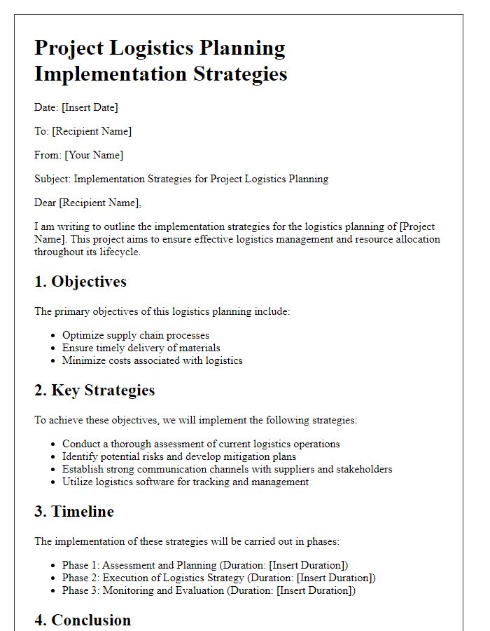 Letter template of project logistics planning for implementation strategies