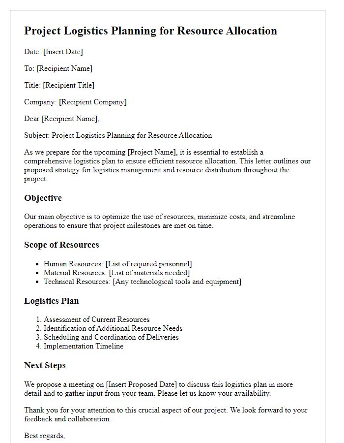 Letter template of project logistics planning for resource allocation